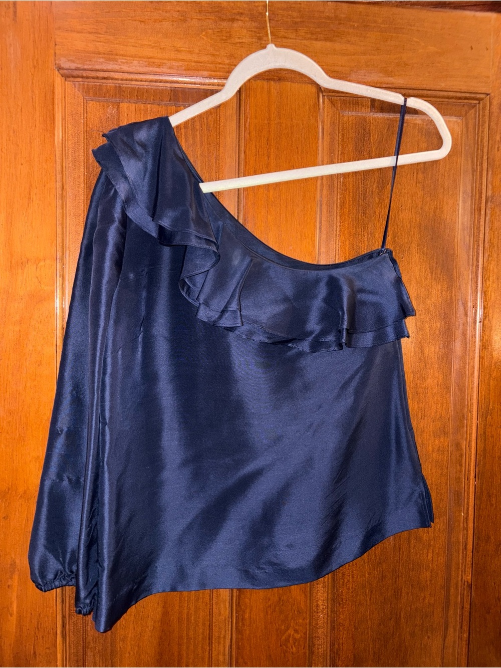 J. Crew Navy One-Shoulder Ruffle Satin Top